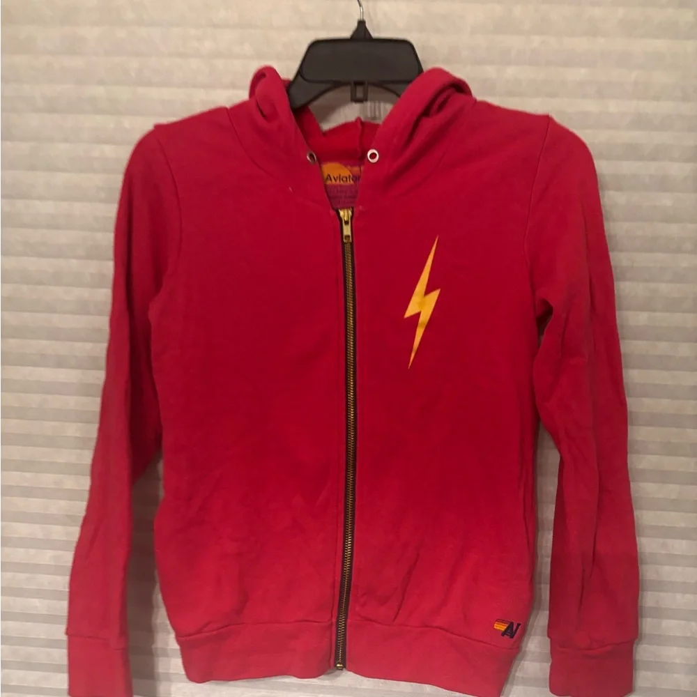Aviator Nation Kids Hoodie in Vibrant Red with Yellow Lightning Bolt size 14 - Picture 2 of 6